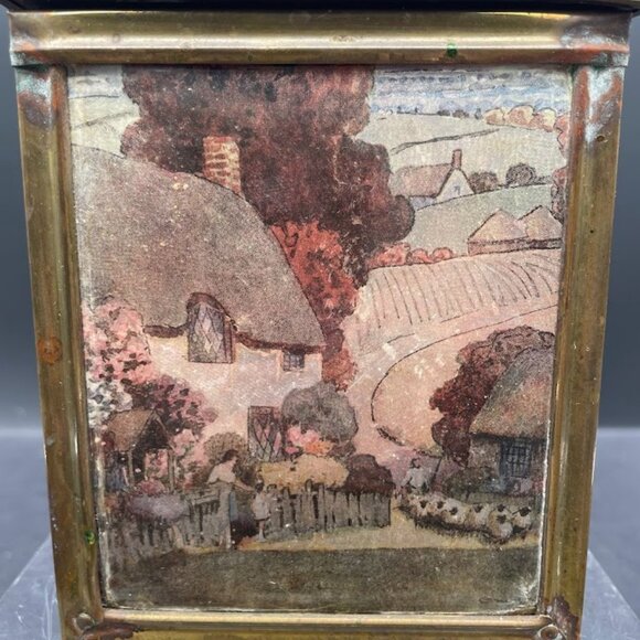 Antique Patterned Brass On Wood Metal Lined Tea Caddy w/ Countryside Image - Picture 2 of 11